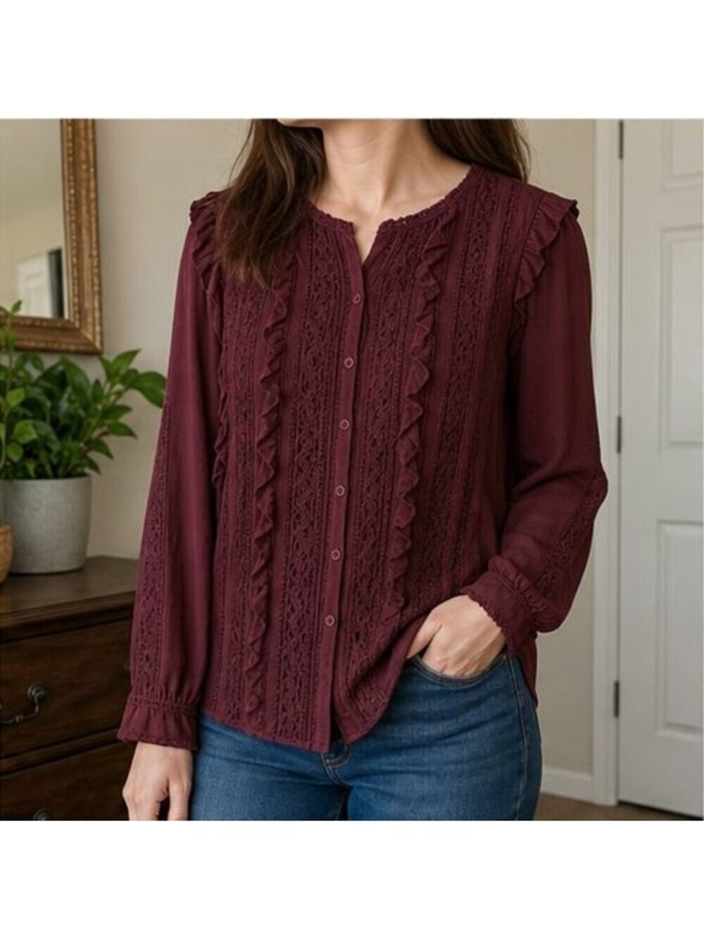 Burgundy Ruffle Blouse - Picture 2 of 6